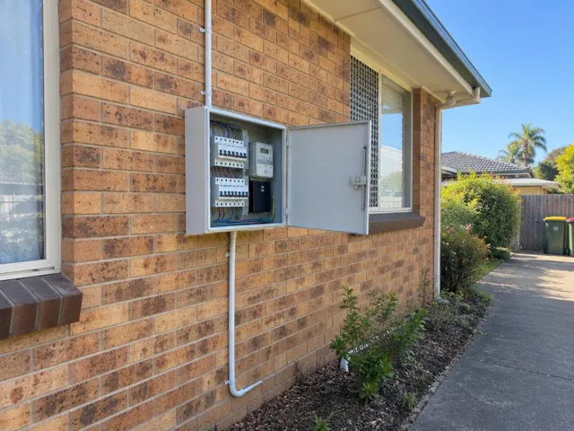 Exterior switchboard cabinet open on a brick house wall beside a window in Berkeley Vale